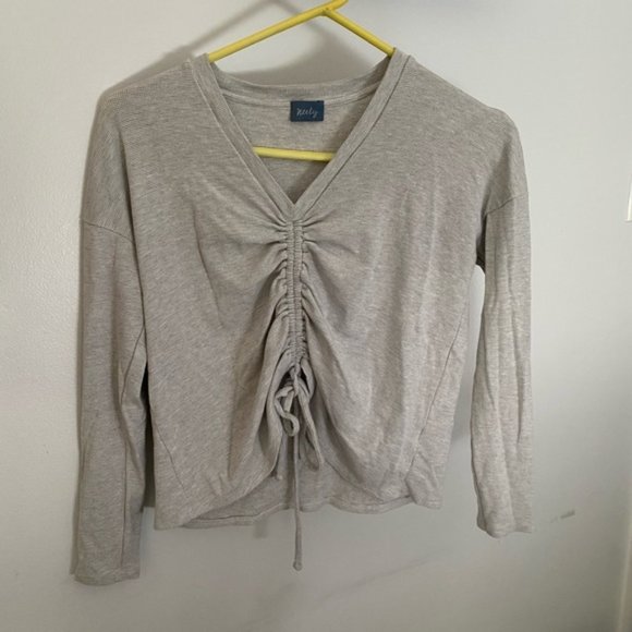 South Moon Under Tops - Neely Gray & White Striped Drawstring V-Neck Top